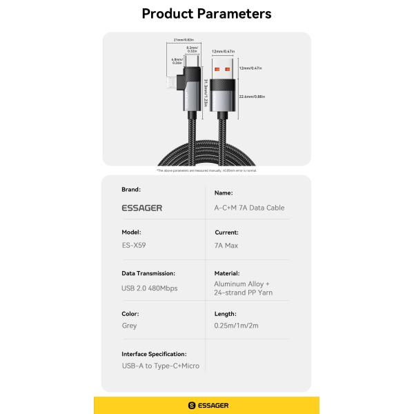 ESSAGER ES-X59 2 In1 Usb To Micro USB C Fast Charging Cables 7A Pd 100W
