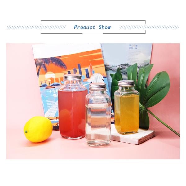 8oz 2oz 16oz French Square Juice Glass Bottles Packaging for Beverage with Plastic Screw Cap