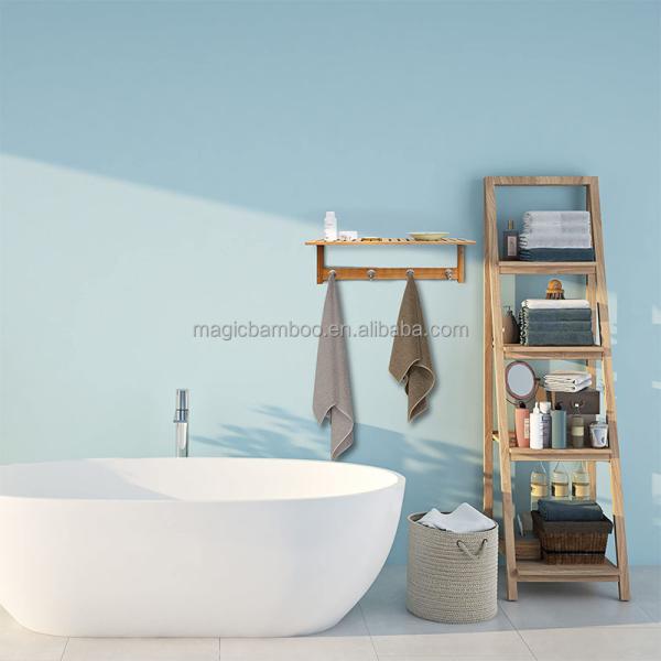 Modern and Functional Solid Bamboo Wooden Bathroom Shelf with 4 Stainless Steel Hooks