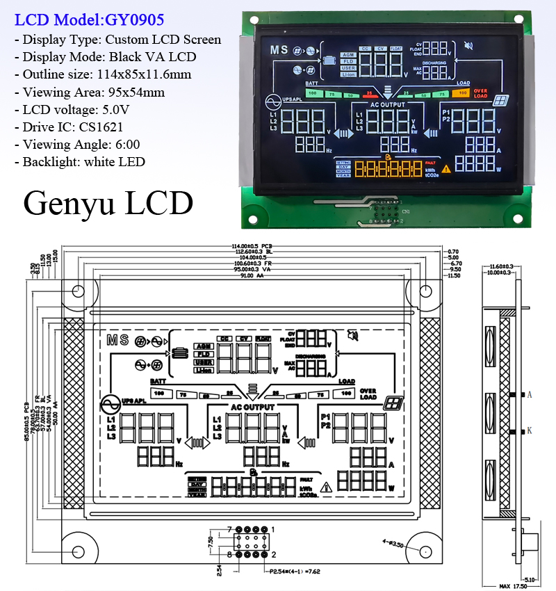 7 Segmental Digital Solar Inverter LCD Display Screen Black VA -20-70C with and Driver IC CS1621