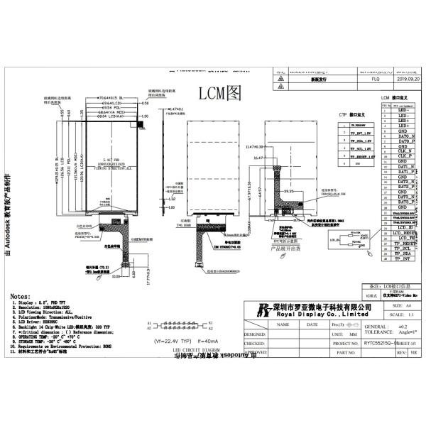 5.5 Inch FHD TFT Touch LCD 1080*RGB*1920 Display With HX8399C