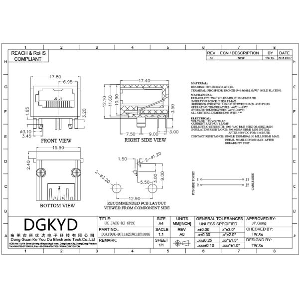 White Plastic Shell Mesh Jack 6p4c RJ11 Connector DIP PCB Mount