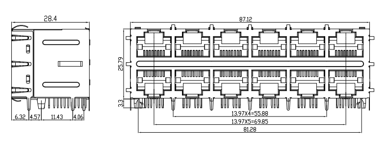 2 X 6 Port RJ45 Magnetic Jack , 10 / 100 Base - T RJ45 PCB Jack ROHS Certification