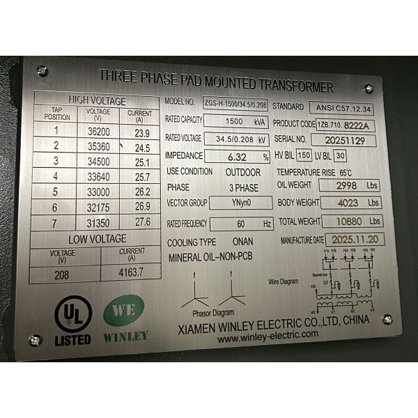 1500 KVA Three Phase Pad Mounted Transformer with 7-Level Off-Circuit Tapping Multi-Voltage Adaptation and Grounding Porcelain Bushing
