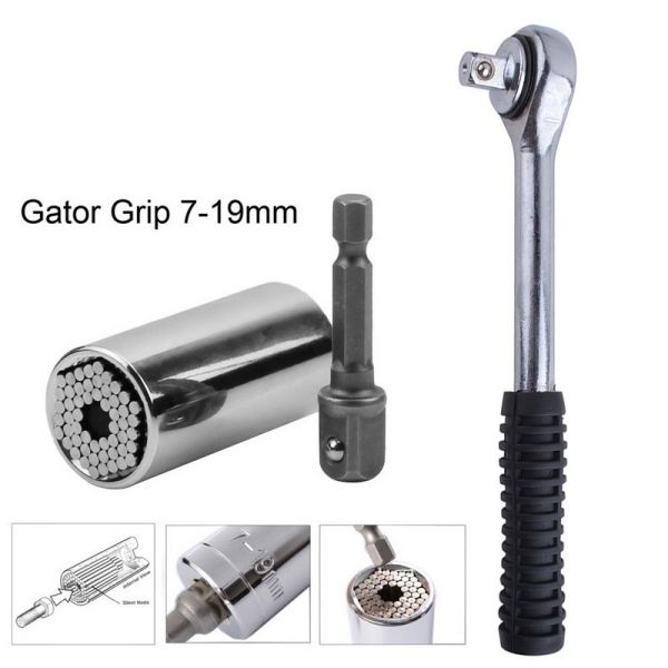 7-19mm Universal Socket Wrench with Drill Adapter+3/8" 39 Teeth 7.5-inch Ratchet