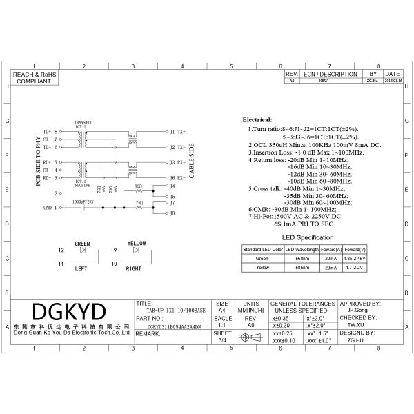 RJ45 connector 100Mbps integrated Ethernet filter crystal head interface industrial grade network interface DGKYD311B054AA2A4DN