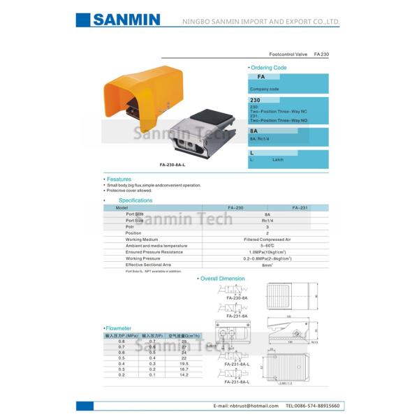 FA230/231-8AL Pneumatic Foot Valve Two Position Three Way Normally Open / Closed