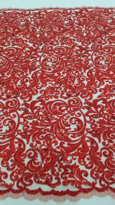 Quality 125cm Red Embroidered Beaded Lace Fabric , Beaded Bridal Lace By The Yard for sale