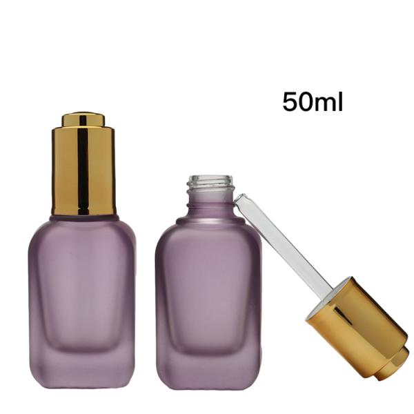Custom Square Cosmetic Glass Bottle 50ml Flat Shoulder Push Button Dropper Bottle