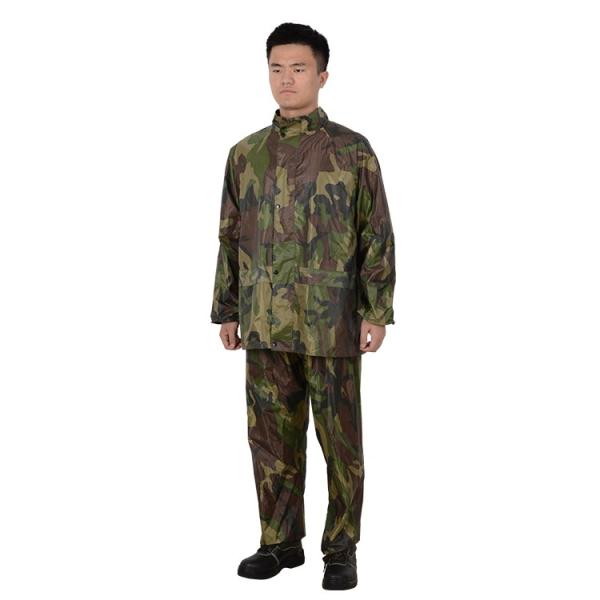 Adjustable RAINWEAR Camouflage Rain Suit with Rubberized Hood and Elastic Waist Pants