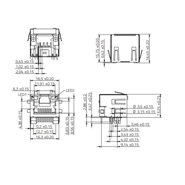 THT Mounting 615008141321 CAT3 Modular Jacks 8P8C Tab Up