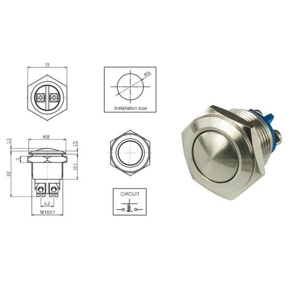 Small 16mm Latching Push Button Switch Metal IP65 Rating Round Shape