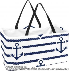 Quality Large Collapsible Utility Tote,Reusable Grocery Shopping Bag Nautical Anchor Ropes Stripes Navy for sale