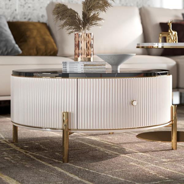P2 MDF Body Round Coffee Table With Storage Marble Texture ISO Certificated