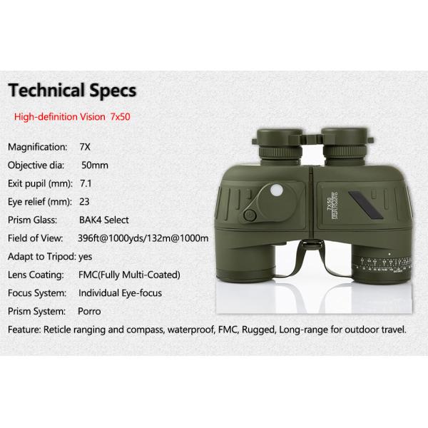 Military Rangefinder Telescope 7x50 Binoculars Built-in Illuminated Compass