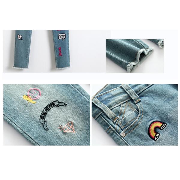 Stretch Girls Denim Clothes Jean Trousers With Custom Color Printed Embroidered Patch