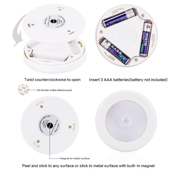 3pcs Pack 3.15in Diameter Battery Operated Motion Sensor Light Indoor