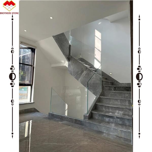 Grey Marble Stair Treads And Risers With Polished Finish For Interior Straight Stairs