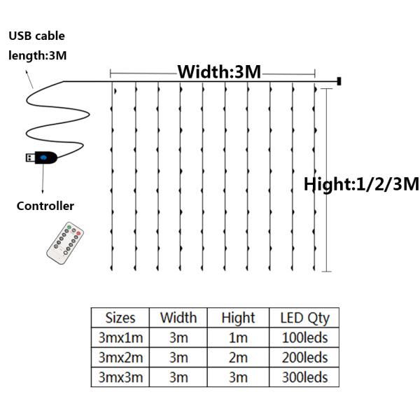 3M LED Curtain Fairy Lights Remote Control USB String Lights Christmas Decoration For Home Bedroom Wedding Party Holiday