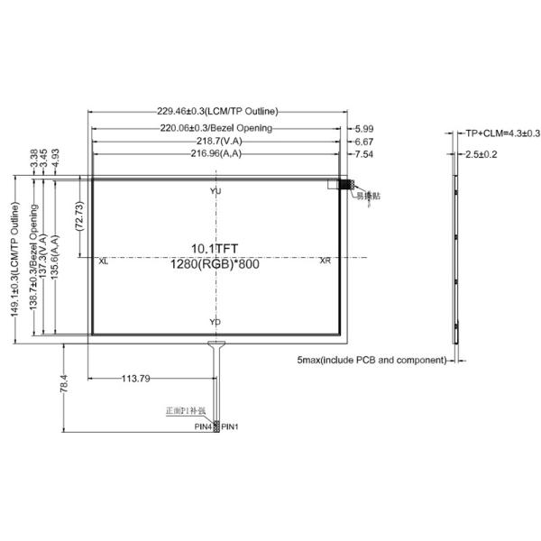 10.1 Inch TFT LCD Display 1280x800 Resolution With Resistive Touch Panel