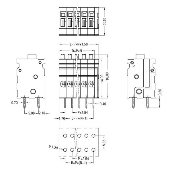 HQ211V-2.54mm Pitch Screwless pcb spring terminal block