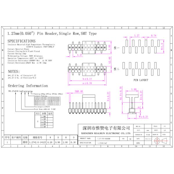 10pin Single Row 500VAC PA6T SMD Male Header Connector