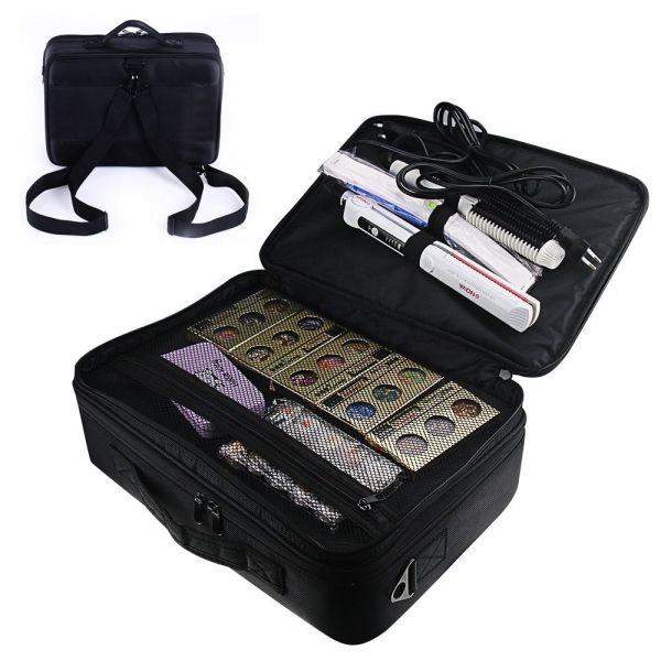 Slim Double Zip Toiletry Bag Flat Professional Multiple Layers Heavy Duty Black Color