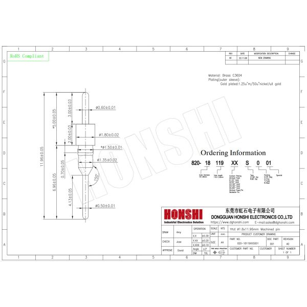 2.54mm Pitch Machined Pins Male Gender Machined Header Double Ended Pin