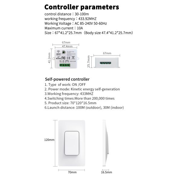 433Mhz Self Powered Wireless Switch Remote Light Switch Waterproof Wall Panel