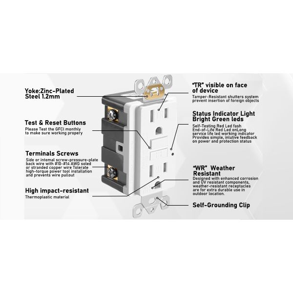 125V 15A Tamper Resistant GFCI Electrical Outlet Self-Test UL943 Standard Grounding Receptacle Unit