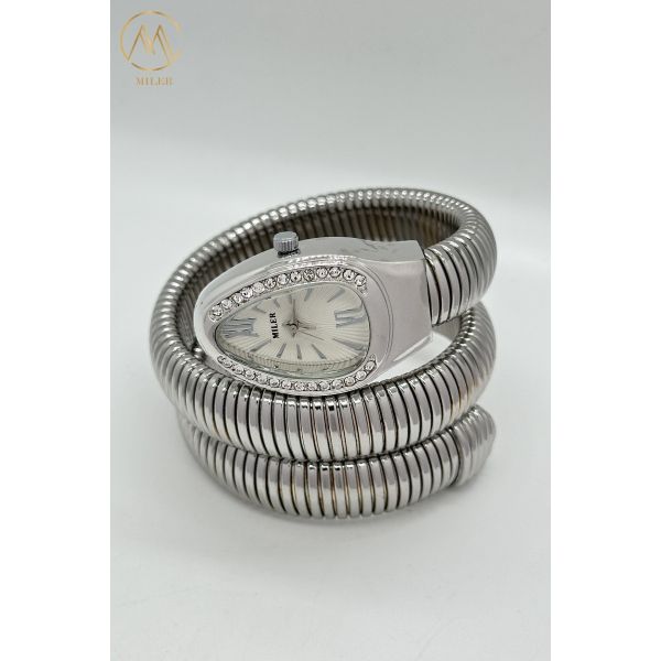 Wholesale Quartz Creative Snake-Shape Two-Ring Silver Alloy Band Full Diamond Watch for Lady