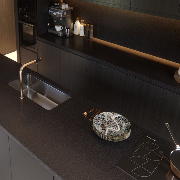 Contemporary Style Built In Kitchen Cabinets Black PVC Kitchen Cabinets