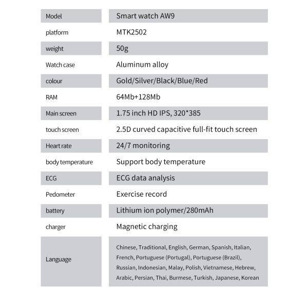 AW9 Smart Watch 1.75inch IPS Android Waterproof Smart Watch With Alarm Clock Reminder