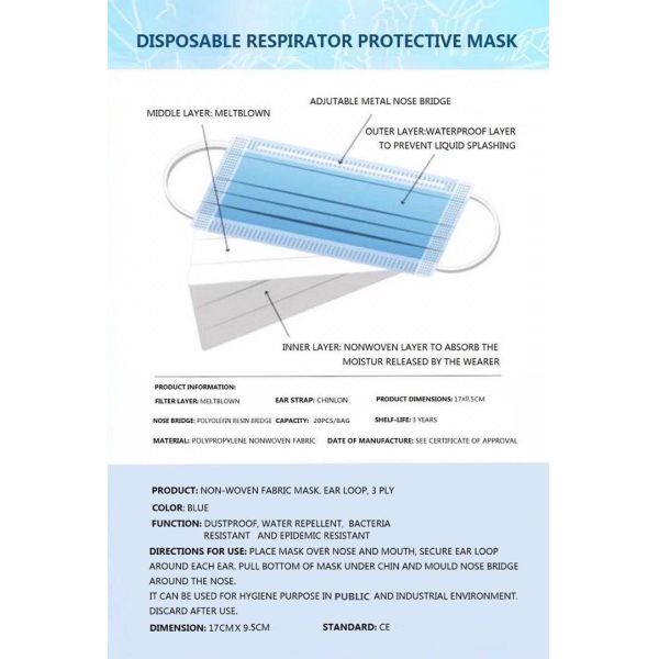 Blue Disposable Non Woven Face Mask 3 Ply Earloop Medical Grade Face Masks