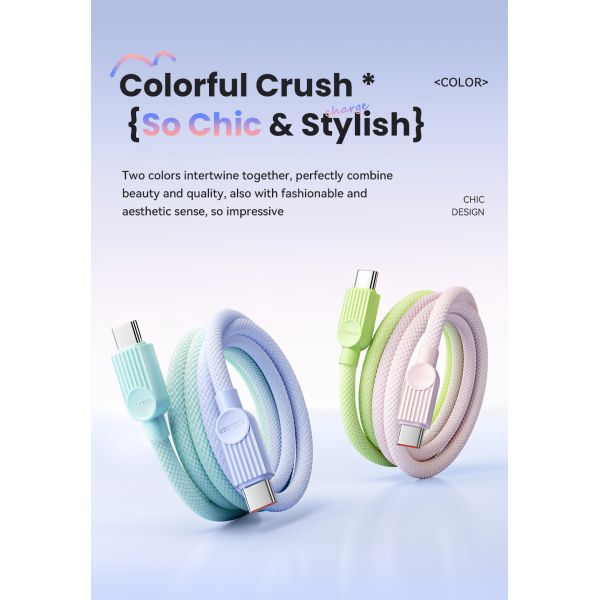 ESSAGER ES-X73 3A PD 60W Type C Fast Charging Data Cable, 1M 2M Colorful Braided Cables