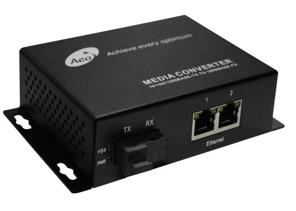 Ethernet Media Converter Single Mode Fiber To RJ45 with 1 Fiber and 2 Ethernet