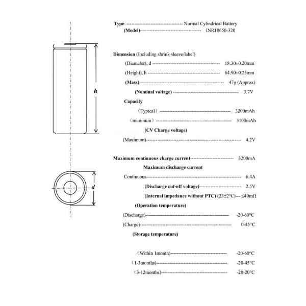 High Capacity 3C 3.7V 3200mAh NMC Li-Ion 18650 Battery Cell 18650