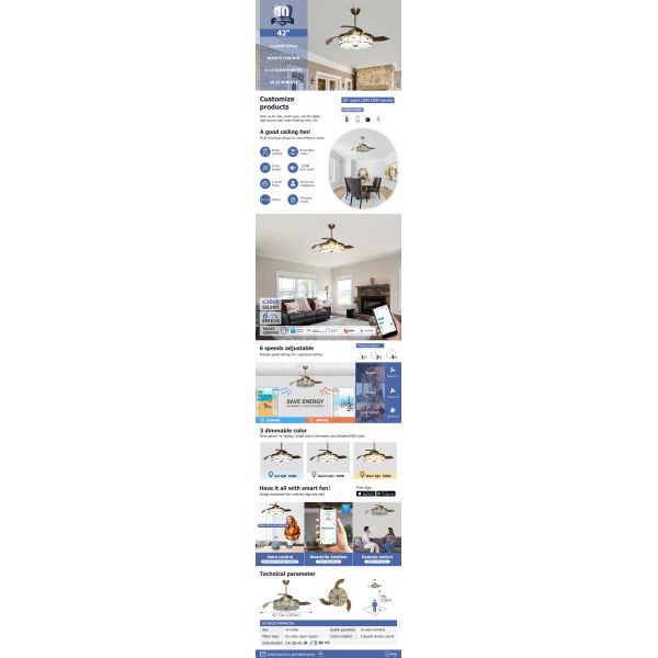 Decorative Retractable Ceiling Fan Light AC Motor Acrylic Blades