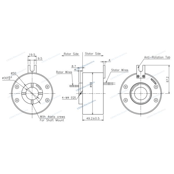 Through Hole Slip Ring with 4 circuits Electric Power 25A and Optional