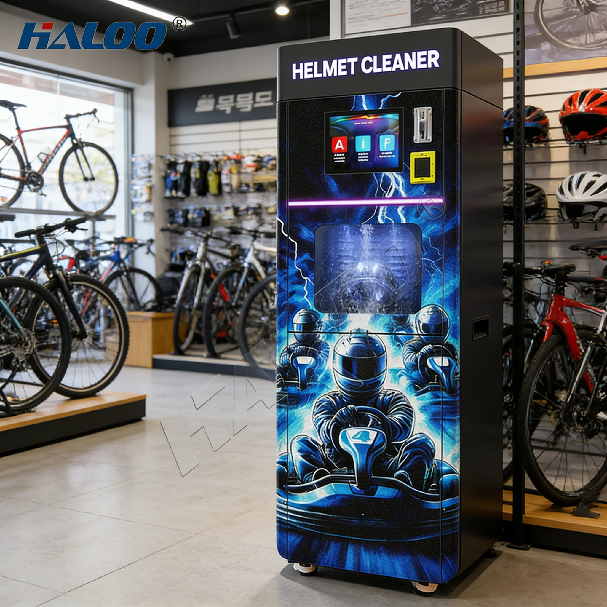 Haloo Helmet Cleaning Vending Machine Industrial Grade Heating Technology 2-Minute Drying | Professional Grade Helmet Cleaning Solution
