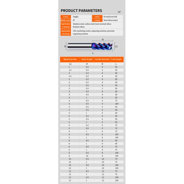 YINGBA Custom CNC Cutting Tool Blue Nano Coating Endmill Carbide 4 Flutes for Carbon Steel Stainless Steel Metal Milling Cutter