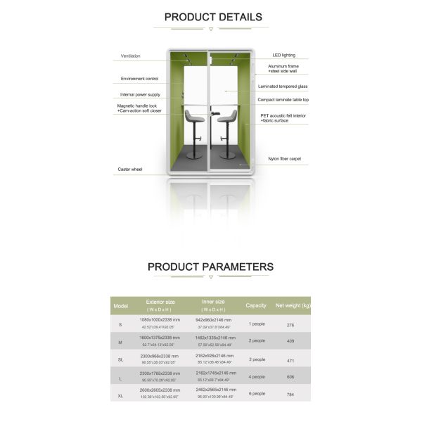 Office Acoustic Meeting Pod with 100-240V/50-60Hz & 12V-USB Power Supply Available in S, M, SL, L, XL Sizes for 2 Person Capacity