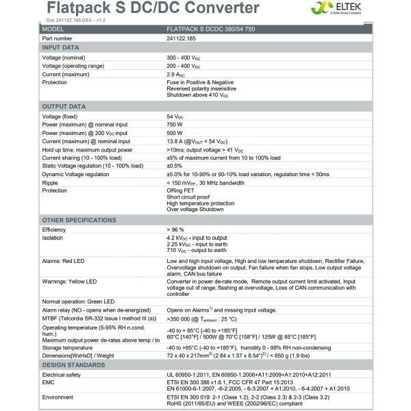 Eltek Converter Flatpack S DC/DC 200-400/54 750 HE Compact HE Converter for Small to Medium Telecom Application (241122.185)