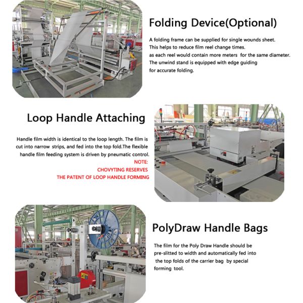 Fully automatic four function soft loop patch die cut poly draw handle shopping bag making machine