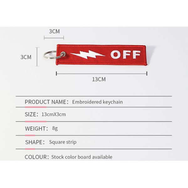 Personalized Embroidered Keychains Black Words On Red Background With Merrow Edge