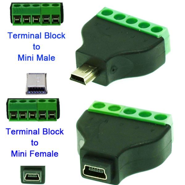Mini USB Male or Female Jack to 5 Pin Screw Terminal Blocks Connector Adapter