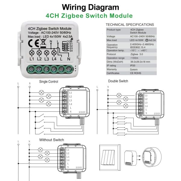 4-Channel Smart Circuit Breaker Switch App & Voice Controlled 10A Max Current ZigBee IEEE 802.15.4 For Above IOS 8.0 / Android 4.3