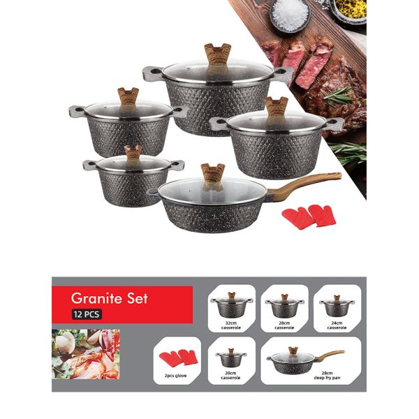 12Pcs Black Kitchen Ware Set Aluminum Nonstick Cookware Cooking Pot Sets