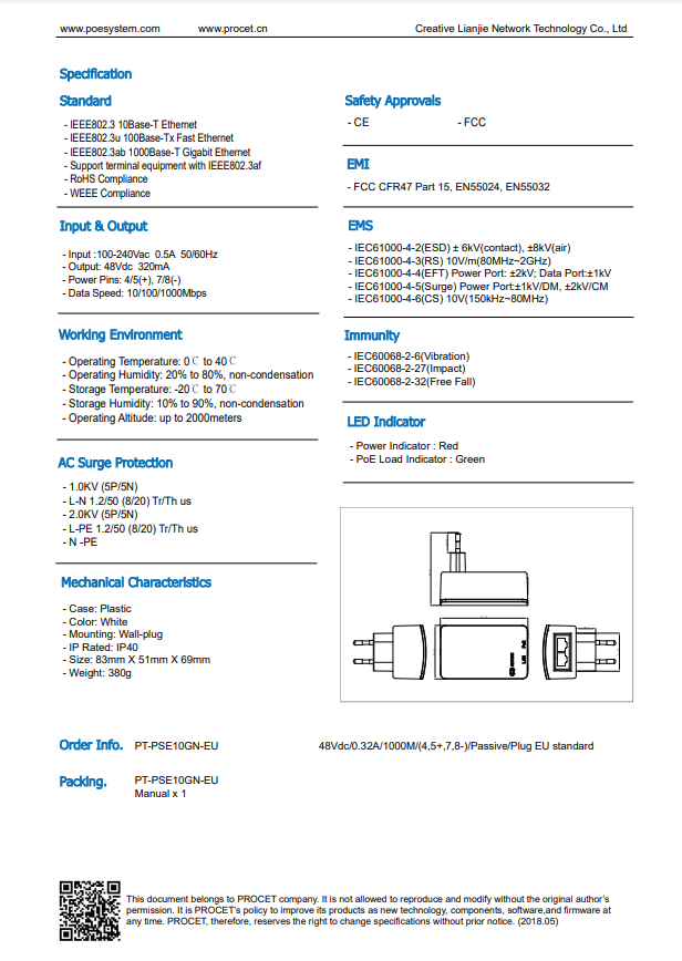 IEEE802.3AF IEEE802.3AT 15W Gigabit PoE Injector For CCTV Camera