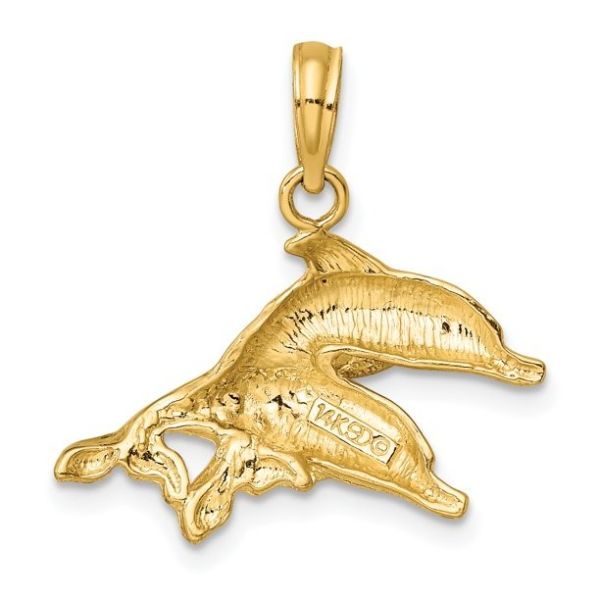 10K Yellow Gold Polished Engraved Dolphins Pendant Charm With 14K Yellow Gold Lightweight Rope Chain Necklace